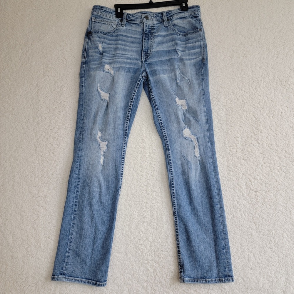 BKE Buckle Mens 36x32 Jake Straight Jeans Blue Denim Stretch Distressed Western